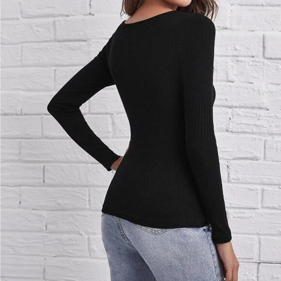 SHEIN Black Square Neck Form Fitting Long Sleeve Ribbed Shirt Size Small - Picture 3 of 6